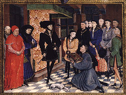 Jean Wauquelin présentant les Chroniques de Hainaut au duc de Bourgogne Philippe le Bon (miniature de Rogier van der Weyden