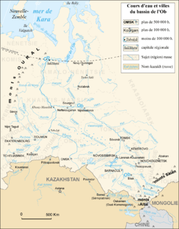 Dans le coin inférieur droit de la carte, le Karassouk est situé au sud-ouest de Novosibirsk et coule au sud-est du lac Tchany en direction de la frontière avec le Kazakhstan.