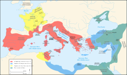 Carte de la Méditerranée avec les conquêtes de Pompée (en Orient) et César (en Gaule et en Afrique).