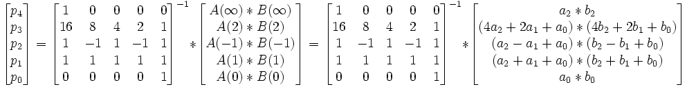 \begin{bmatrix}
p_4 \\
p_3 \\
p_2 \\
p_1 \\
p_0
\end{bmatrix}
=
\begin{bmatrix}
1 & 0 & 0 & 0 & 0 \\
16 & 8 & 4 & 2 & 1 \\
1 & -1 & 1 & -1 & 1 \\
1 & 1 & 1 & 1 & 1 \\
0 & 0 & 0 & 0 & 1
\end{bmatrix}^{-1}
*
\begin{bmatrix}
A(\infty)*B(\infty) \\
A( 2)*B( 2) \\
A(-1)*B(-1) \\
A( 1)*B( 1) \\
A( 0)*B( 0)
\end{bmatrix}
=
\begin{bmatrix}
1 & 0 & 0 & 0 & 0 \\
16 & 8 & 4 & 2 & 1 \\
1 & -1 & 1 & -1 & 1 \\
1 & 1 & 1 & 1 & 1 \\
0 & 0 & 0 & 0 & 1
\end{bmatrix}^{-1}
*
\begin{bmatrix}
a_2*b_2 \\
(4a_2+2a_1+a_0)*(4b_2+2b_1+b_0) \\
(a_2-a_1+a_0)*(b_2-b_1+b_0) \\
(a_2+a_1+a_0)*(b_2+b_1+b_0) \\
a_0*b_0
\end{bmatrix}