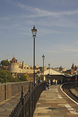 The end of the branch line from Slough: the truncated Platform 1, with the towers of Windsor Castle visible in the background.