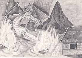 dessin en noir et blanc, à gauche le dragon, les ailes déployées est dans l'eau jusqu'à la taille, entouré de flammes, au centre en arrière-plan se dresse la Montagne Solitaire, et à droite il y une maisonnette.