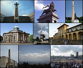 De gauche à droite, de haut en bas: Hôtel de ville, Monument du Lion de Judah, Monument Tiglachin, Cathédrale Saint-Georges, Yekatit 12, la gare ferroviaire, Miyazya 27, vue d'Addis depuis Entoto et Mesqel adebabay.