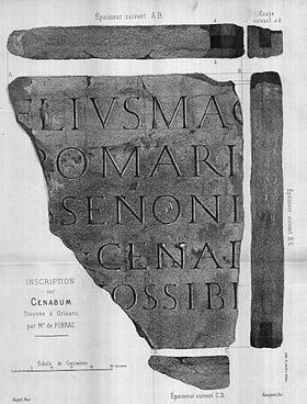 Plaque de marbre portant entre autres l'inscription « Cenab » trouvée à Orléans en 1846