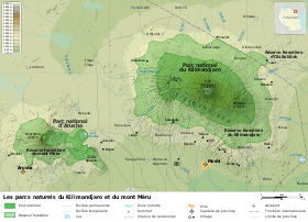 Carte des parcs nationaux et réserves forestières autour du Kilimandjaro et du mont Méru.