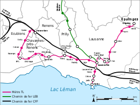 Plan synoptique des transports ferroviaires urbains de Lausanne