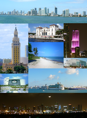 De haut en bas et de gauche à droite : panorama de Downtown Miami, Freedom Tower, Villa Vizcaya, Miami Tower, Virginia Key, Adrienne Arsht Center for the Performing Arts, American Airlines Arena, port de Miami et vue nocturne de Downtown Miami.