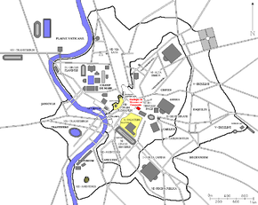 Localisation de la Basilique de Maxence et Constantin dans la Rome antique (en rouge)