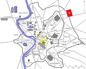 Localisation de la Caserne de la Garde Prétorienne dans la Rome antique (en rouge)