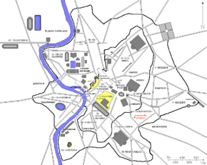 Localisation de la Caserne des pérégrins dans la Rome antique (en rouge)