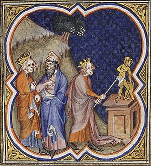 Illustration médiévale d'Asa détruisant les idoles avec une hache, dans la Bible historiale, 1372