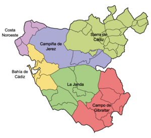 Carte des comarques de la province de Cadix