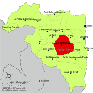 Localisation de Cervera del Maestrat dans la comarque du Baix Maestrat