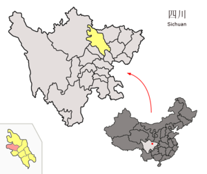 Localisation du xian de Beichuan (en rose) dans la préfecture de Mianyang (en jaune)