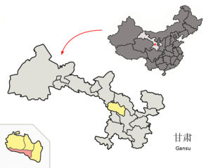 Localisation des cinq districts de la ville de Lanzhou (en rose) dans la préfecture de Lanzhou (en jaune)