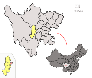 Localisation du xian de Mingshan (en rose) dans la préfecture de Ya'an (en jaune)