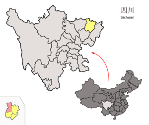 Localisation du xian de Nanjiang (en rose) dans la préfecture de Bazhong (en jaune)