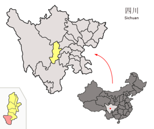 Localisation du xian de Shimian (en rose) dans la préfecture de Ya'an (en jaune)