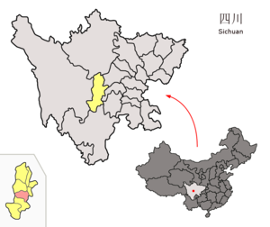 Localisation du xian de Yingjing (en rose) dans la préfecture de Ya'an (en jaune)
