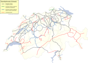 Carte du réseau ferré Suisse, avec les différents écartements de voies
