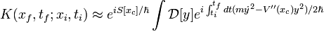K(x_{f},t_{f};x_{i},t_{i}) \approx e^{i S[x_{c}]/ \hbar} \int \mathcal{D}[y] e^{i \int_{t_{i}}^{t_{f}}dt (m \dot{y}^{2} - V''(x_{c}) y^{2})/2\hbar} 