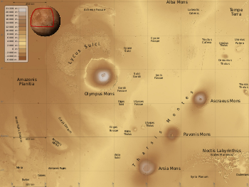 Carte de la région d'Olympus Mons et de la chaîne de Tharsis Montes.