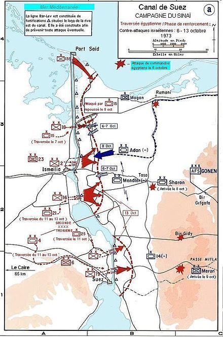 Carte présentant les différents mouvements d'unités autour du canal de Suez sur la période du 6 au 13 octobre 1973.