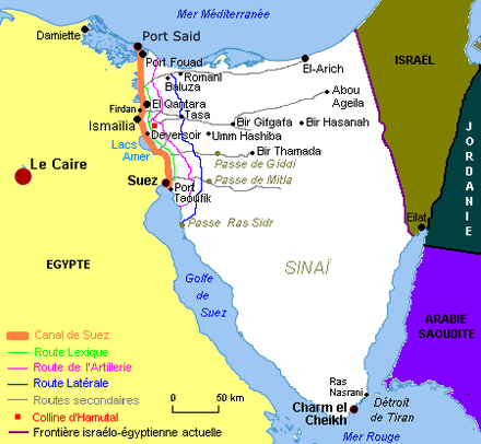 Carte présentant la région du Sinaï avec les principales villes et routes nommées dans l'article
