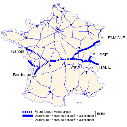 Carte du tracé de la Route Centre-Europe Atlantique en France