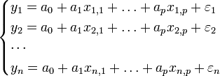 
\begin{cases}
y_1 = a_0 + a_1 x_{1,1} + \ldots + a_p x_{1,p} + \varepsilon_1\\
y_2 = a_0 + a_1 x_{2,1} + \ldots + a_p x_{2,p} + \varepsilon_2\\
\cdots\\
y_n = a_0 + a_1 x_{n,1} + \ldots + a_p x_{n,p} + \varepsilon_n
\end{cases}
