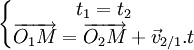 \left\{\begin{matrix}
t_1=t_2 \\
\overrightarrow{O_1M} = \overrightarrow{O_2M} + \vec v_{2/1} . t
\end{matrix}\right.