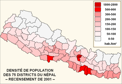 Densité de population du Népal en 2001 : répartition par districts