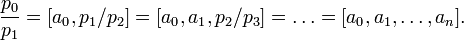 \frac{p_0}{p_1}=[a_0,p_1/p_2]=[a_0,a_1,p_2/p_3]=\dots=[a_0,a_1,\dots,a_n].
