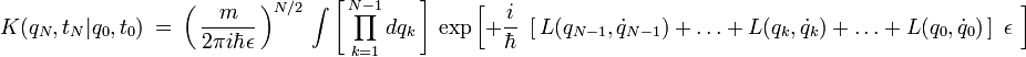 K(q_N,t_N|q_0,t_0) \ = \ \left( \, \frac{m}{2 \pi i  \hbar \epsilon} \, \right)^{N/2} \ \int \left[ \, \prod_{k=1}^{N-1} dq_k \, \right] \   \exp \left[ + \frac{i}{\hbar} \ \left[ \,  L(q_{N-1},\dot{q}_{N-1}) +  \dots  +  L(q_k,\dot{q}_k) + \dots + L(q_0,\dot{q}_0) \, \right] \ \epsilon \ \right] 