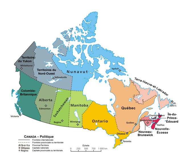 Carte du Canada montrant ses dix provinces et ses trois territoires et leurs capitales.