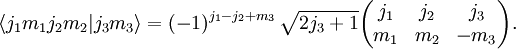  \langle j_1 m_1 j_2 m_2 | j_3 m_3 \rangle =  \left(-1\right)^{j_1-j_2+m_3}\sqrt{2j_3+1}
\begin{pmatrix}
  j_1 & j_2 & j_3\\
  m_1 & m_2 & -m_3
\end{pmatrix}.
