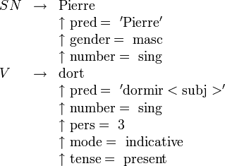 
\begin{array}{lll}
SN &\rightarrow&{\rm Pierre} \\
&&\uparrow {\rm pred =\ 'Pierre' }\\
&&\uparrow {\rm gender =\ masc }\\
&&\uparrow {\rm number =\ sing }\\
V &\rightarrow& {\rm dort} \\
&&\uparrow {\rm pred =\ 'dormir<subj>' }\\
&&\uparrow {\rm number =\ sing }\\
&&\uparrow {\rm pers =\ 3 }\\
&&\uparrow {\rm mode =\ indicative }\\
&&\uparrow {\rm tense =\ present }\\
\end{array}
