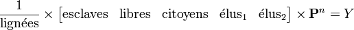 \frac1\mathrm{lign\acute ees} \times \begin{bmatrix}\rm esclaves&\rm libres &\rm citoyens &\rm \acute elus_1 &\rm \acute elus_2 \end{bmatrix} \times \mathbf P^{n} = Y