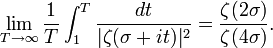 \lim_{T \rightarrow \infty}\frac1{T}\int_1^T\frac{dt}{ |\zeta(\sigma+it)|^2} = \frac{\zeta(2\sigma)}{\zeta(4\sigma)}.