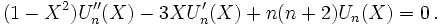 (1-X^2)U_{n}''(X)-3XU_n'(X)+n(n+2)U_n(X)=0\,.