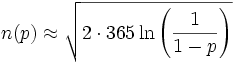 n(p)\approx \sqrt{2\cdot 365\ln\left(\frac{1}{1-p}\right)}