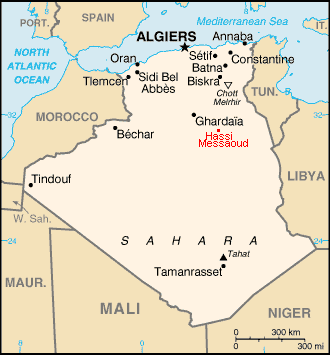Localisation d'Hassi Messaoud en Algérie