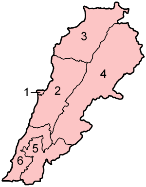 Map des subdivisions du Liban en ordre géographique