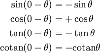 
\begin{align}
\sin(0 -\theta) &= -\sin \theta \\
\cos(0 -\theta) &= +\cos \theta \\
\tan(0 -\theta) &= -\tan \theta \\
\mathrm{cotan} (0 -\theta) &= -\mathrm{cotan} \theta
\end{align}
