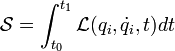 
\mathcal{S} = \int_{t_0}^{t_1 } \mathcal{L} ( q_i, \dot{q}_i, t ) dt
