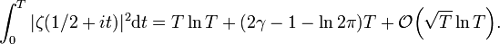 \int_0^T|\zeta(1/2+it)|^{2} \mathrm dt=T \ln T+(2\gamma-1-\ln 2\pi)T+\mathcal{O}\Big(\sqrt{T}\ln T\Big).