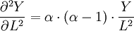 \frac{\partial^2 Y}{\partial L^2} = \alpha \cdot (\alpha-1) \cdot \frac{Y}{L^2} \,