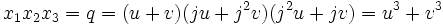 x_1x_2x_3=q=(u+v)(ju+j^2v)(j^2u+jv)=u^3+v^3\;