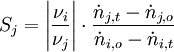 S_j = \left|\frac{\nu_i}{\nu_j}\right| \cdot \frac{\dot{n}_{j,t} - \dot{n}_{j,o}}{\dot{n}_{i,o} -\dot{n}_{i,t}}