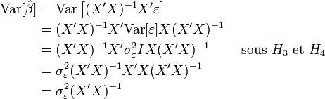 \begin{align}
\operatorname{Var}[\hat \beta] 
&= \operatorname{Var}\left[(X'X)^{-1}X'\varepsilon \right ]\\
&=(X'X)^{-1}X'\operatorname{Var}[\varepsilon] X(X'X)^{-1}\\
&=(X'X)^{-1}X'\sigma^2_{\varepsilon}I X(X'X)^{-1}\qquad \text{ sous } H_3 \text{ et } H_4\\
&=\sigma^2_{\varepsilon}(X'X)^{-1}X'X(X'X)^{-1}\\
&=\sigma^2_{\varepsilon}(X'X)^{-1}
\end{align}